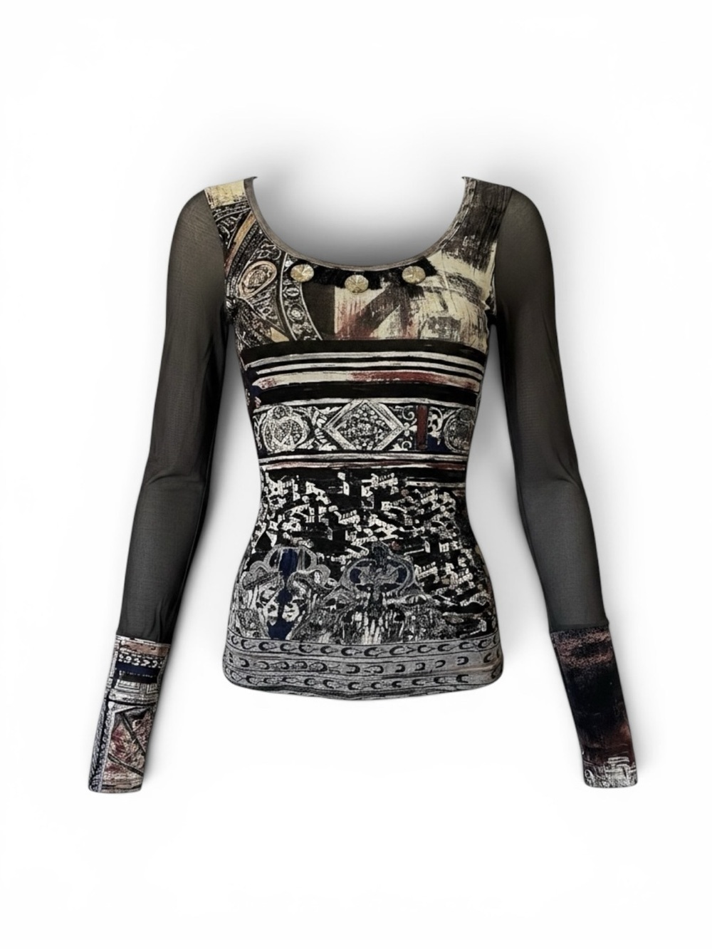 Vintage Y2K Save The Queen Italy Black Mesh Print Art Long Top Tunic Avant Garde